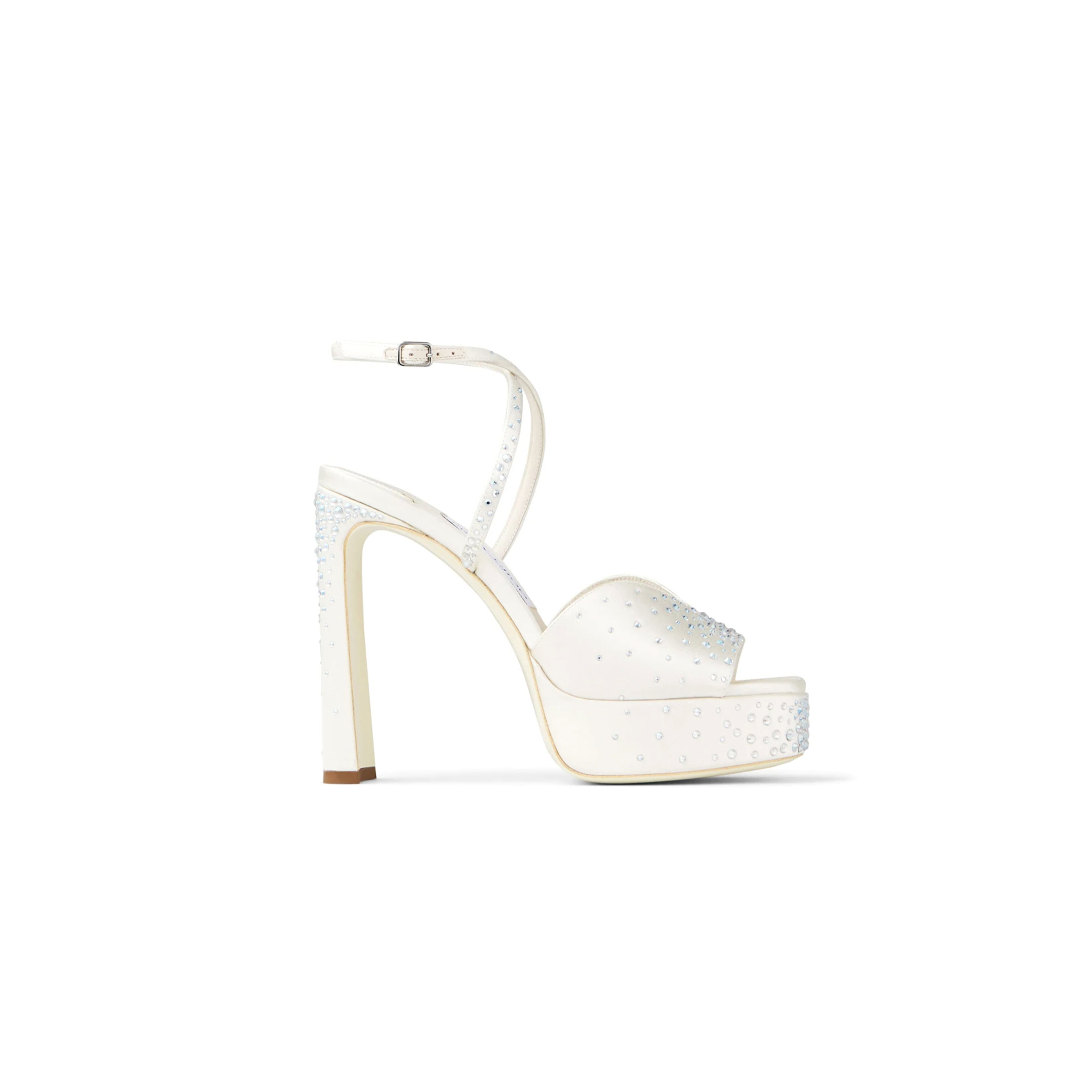 JIMMY CHOO KARLI PLATFORM 125 IVORY SATIN CRYSTAL PLATFORM SANDALS KARLIPF125BRZ